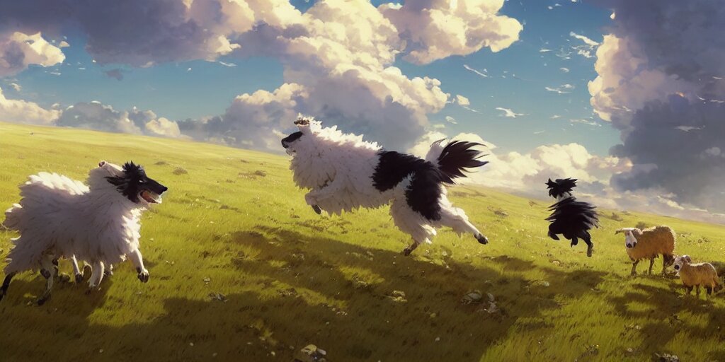 Lexica - Border collie chasing sheep on feld. nime key visual of luffy ...
