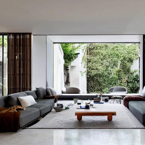 A modern living room with 2 sofas facing each other with a white
