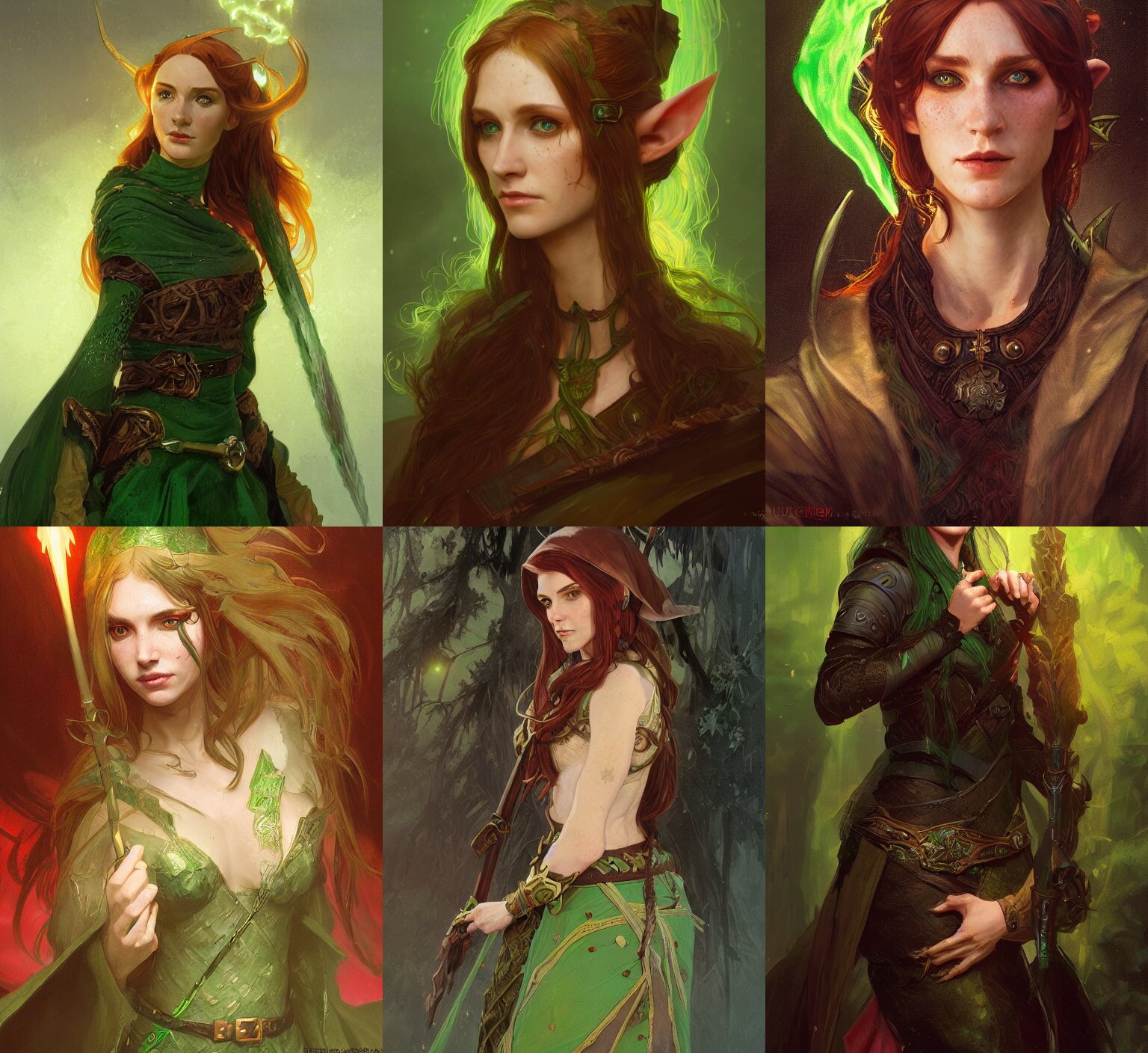 Lexica - Medium - length portrait of a female elf warlock with glowy green  eyes, bushy red hair, freckles, medieval setting, highly detailed,  digital...