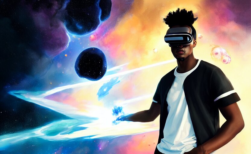 Lexica Handsome black genius hacking the metaverse, vr headset, white t shirt and jordans