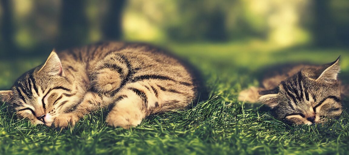 Lexica - One cute cat sleeping on the grass in a forest near a small ...