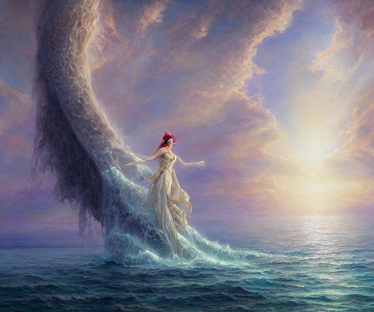 Lexica - Beautiful woman in white dress walking over the ocean, a giant ...