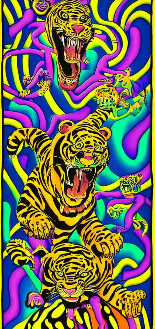 tony the tiger dissolving into neon cereal pieces, cubensis, azt ...