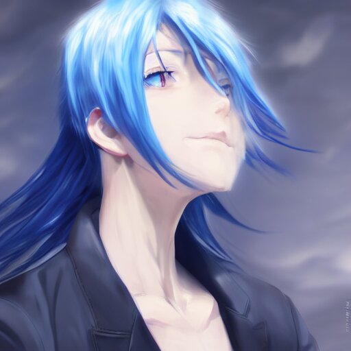 Lexica - Side profile of rimuru tempest with sky blue hair, long hair ...