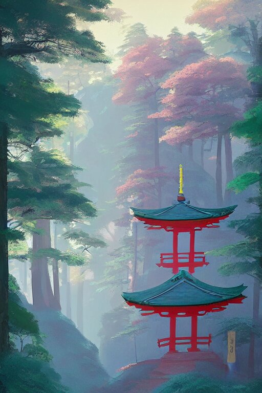 Lexica - Japanese Torii in a colorful moutain with trees ,morning , by ...