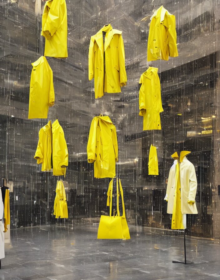 Lexica A lone yellow zara raincoat flying hanging mid air on a glittering rainy display designed by james terrell we anderson