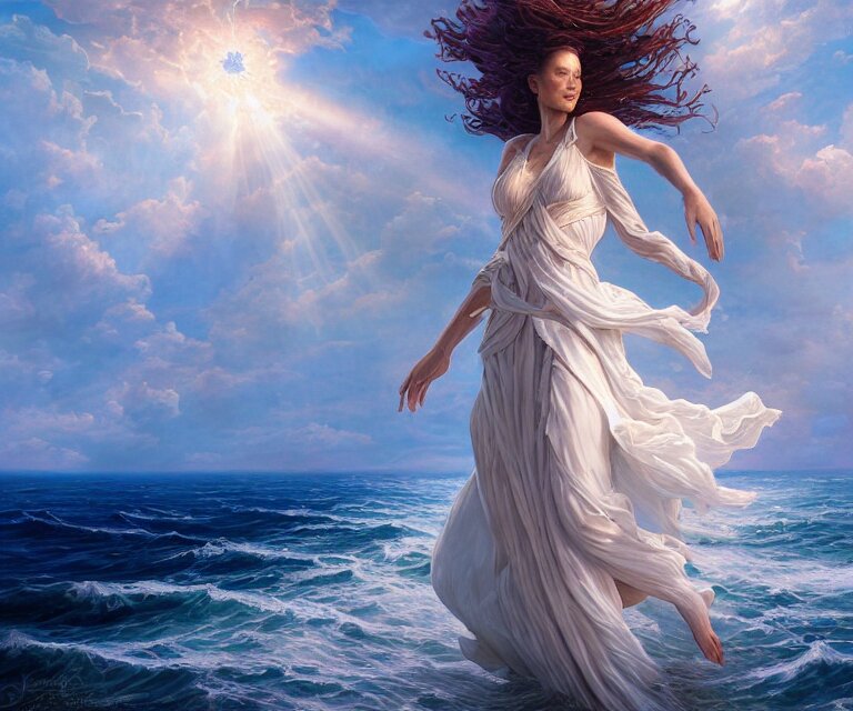 Lexica - Beautiful woman in white dress walking over the ocean, a giant ...