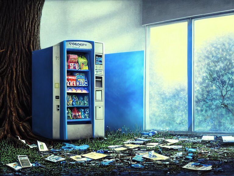 Lexica - Close up of a vending machine in ruins of an abandoned office ...