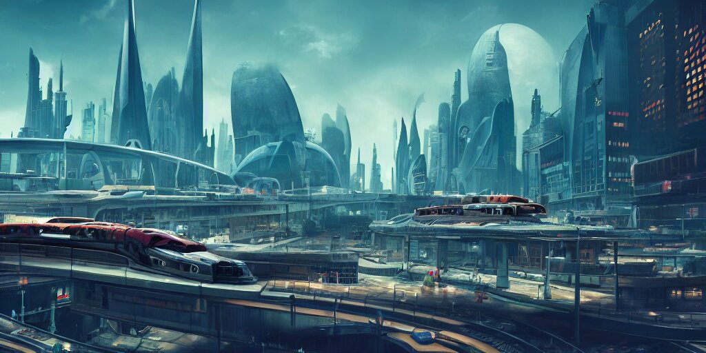 Lexica - In a futuristic atompunk city with vehicles and a monorail ...