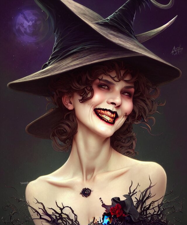 halloween witch woman in a hat smiles, fantasy magic, undercut h ...