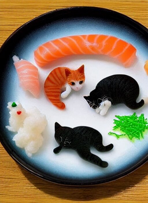 clear surrealist painting of tiny adorable cats made from sushi ...