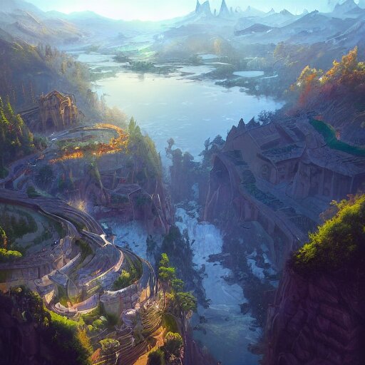 a birds eye view overlooking an ancient fantasy city surrounded ...