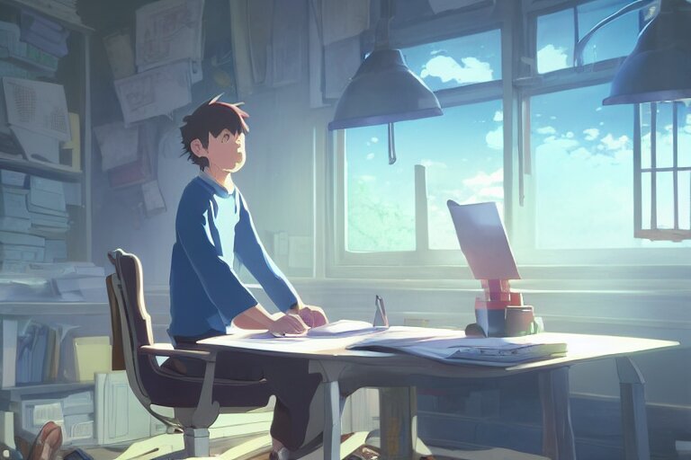 Lexica - A sleepy boy sit in desk with a computer, medium shot, waist ...