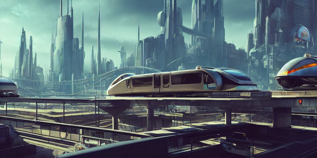 Lexica - In a futuristic atompunk city with vehicles and a monorail ...