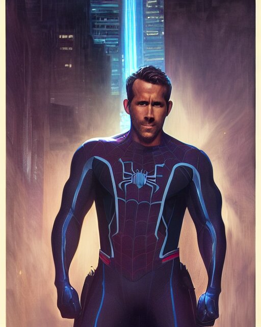 Lexica Ryan Reynolds As A Black And Blue Suit Spider Man Cinematic Volumetric Lighting F 