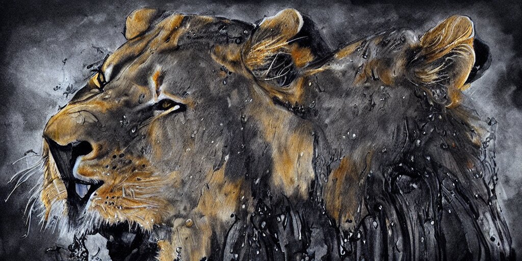 Lexica - A lioness, made of tar, in a suburban backyard, dripping tar ...