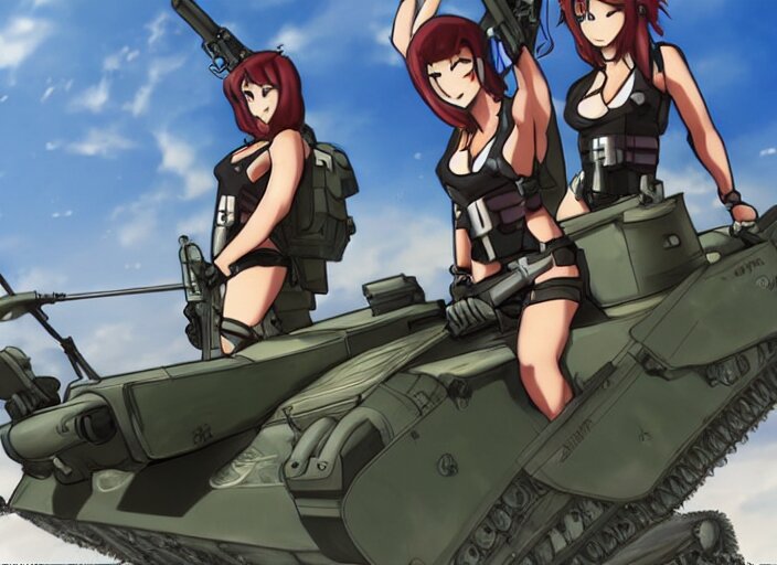 Lexica - Female tank crew posing triumphantly next to their tank, anime ...