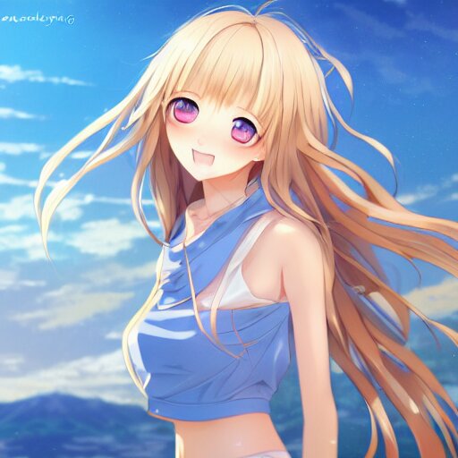 Dark blonde hair, mid hairlength, cute waifu, side bangs, wavy hair, blue  eyes, look over the shoulder, anime style, subtle smiling, natural  lipstick, round face