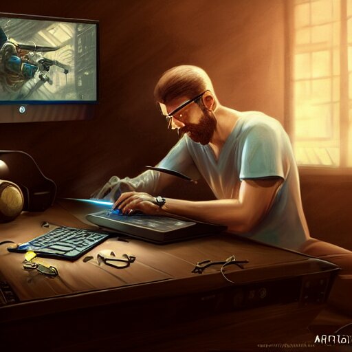 Lexica - Realistic man using laptop in gaming room, artstation trends ...