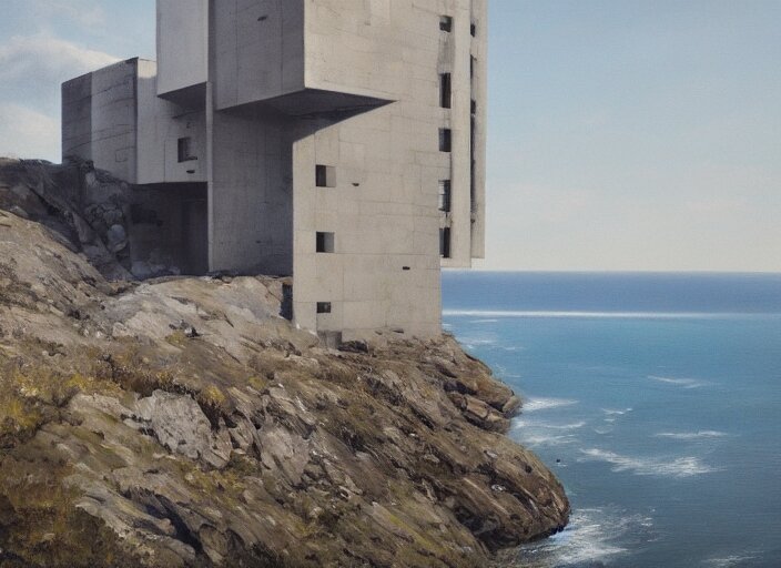brutalist house, coastal perched on a cliff overlooking a magnif ...