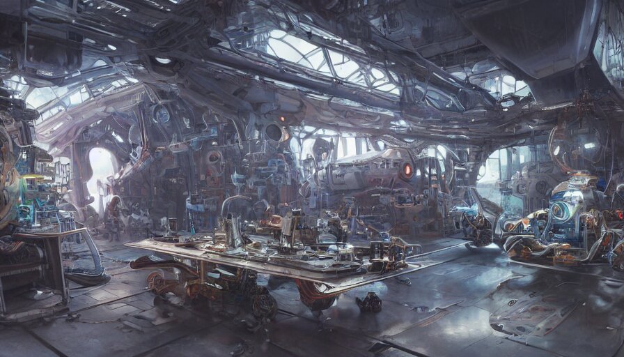 Lexica - The inside of a futuristic mechanic spaceshop coc, highly ...