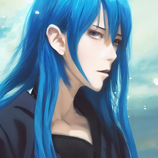 Lexica - Side profile of rimuru tempest with sky blue hair, long hair ...