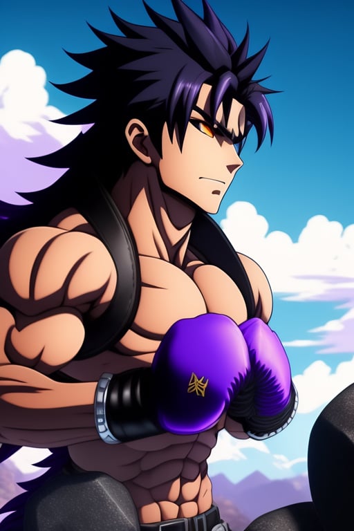 Lexica - a strong man with a purple glove and spiky black hair attacking a  gray monster with a tail with rocks and tall trees in the background in  anime style