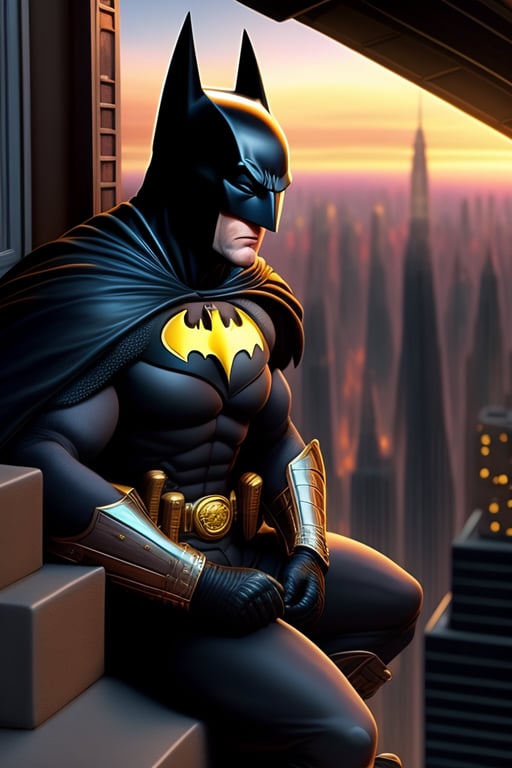 Lexica - tom hanks batman sitting on a roof looking down at a city below