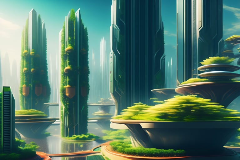 Painting of solarpunk city, futuristic, lush vegetation, ambient 