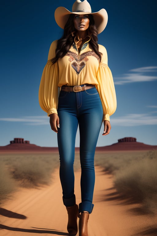 Lexica - Cowboy hat ,full body ,woman at home wearing Grey t-shirt  realistic image