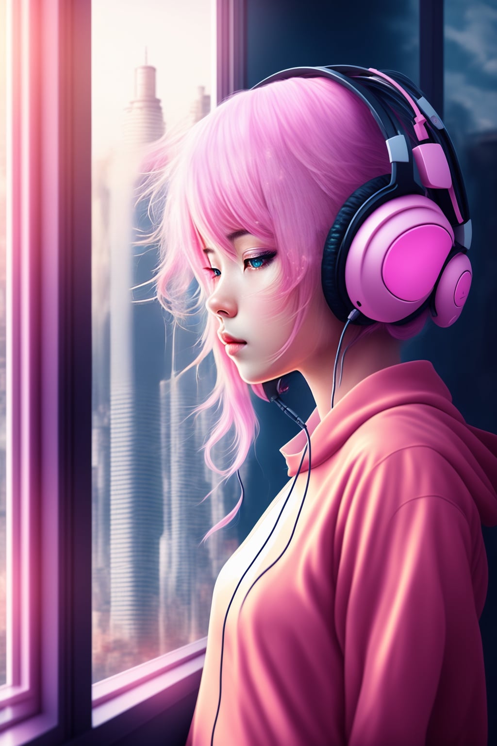 anime girl listening to music with brown hair