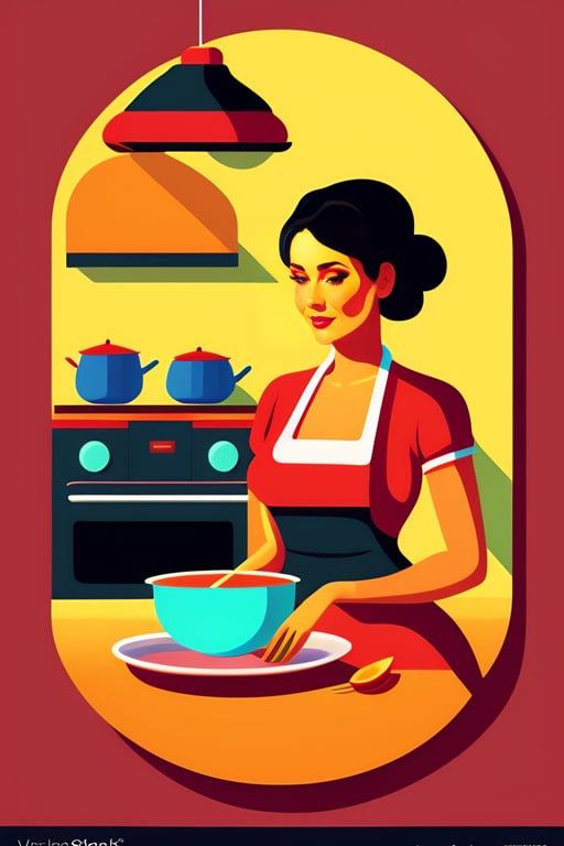Woman Cooking In Kitchen Cartoon
