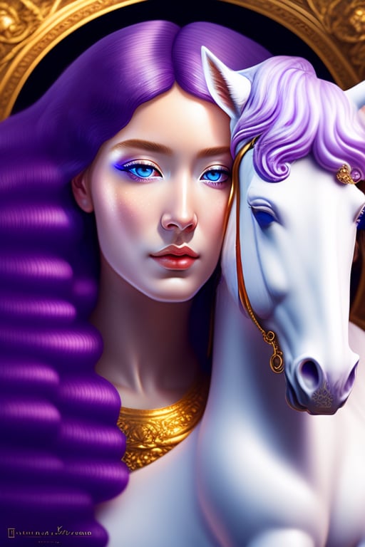 Lexica - stunningly beautiful greek goddess with long blonde botticelli  style hair wears a purple velvet gown as she pets her white unicorn. in the  style of chie yoshii. masterpiece