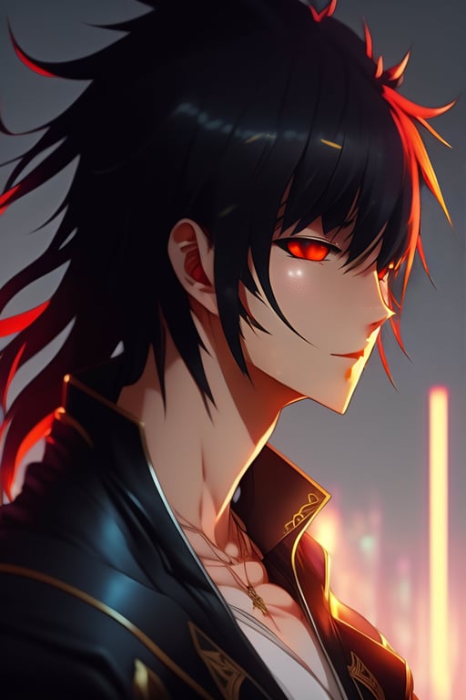 anime boy with black hair and red eyes