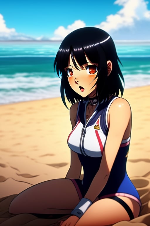Lexica - 90s anime vintage cute 28 year old fit shy mikasa ackerman with  shiny dark eyes from attack on titan at beach sitting down on the sand