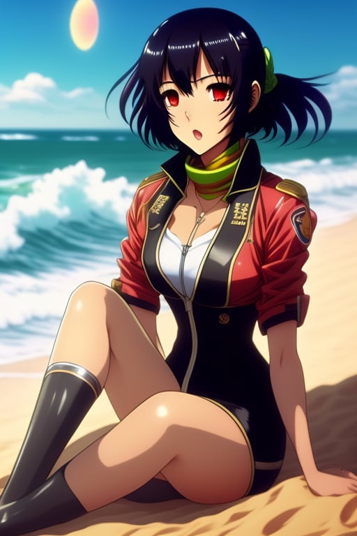 Lexica - 90s anime vintage cute 28 year old fit shy mikasa ackerman with  shiny dark eyes from attack on titan at beach sitting down on the sand