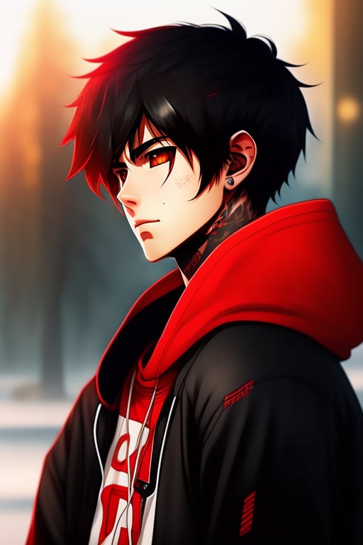 anime boy with black hair and red eyes