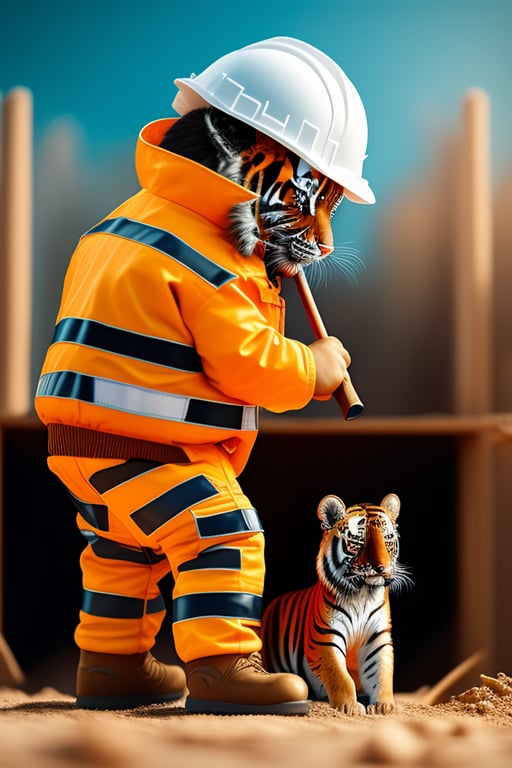 Lexica - cartoon tiger in construction suit and construction helmet