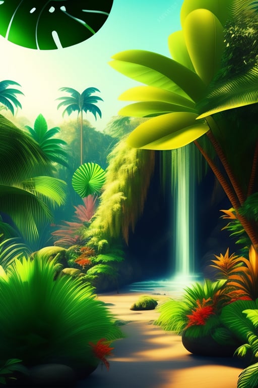 tropical rainforest waterfalls with animals