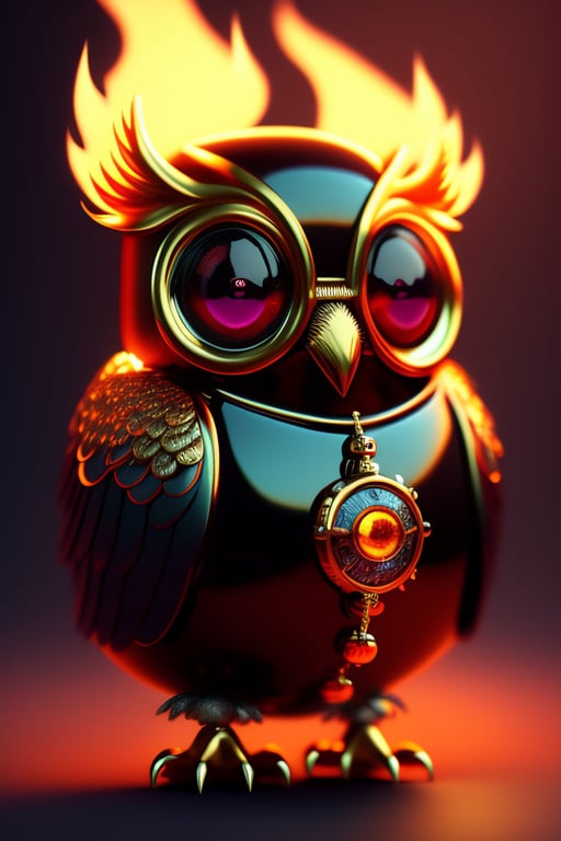 Lexica - a cute adorable portrait of a shiny steampunk clockwork baby owl  made of iron ball with low poly eye's surrounded by glowing aura highly and  flames in background