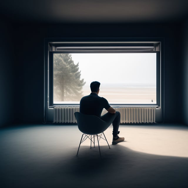 Lexica - Photography of a man sitting on his desk. sideway. wes