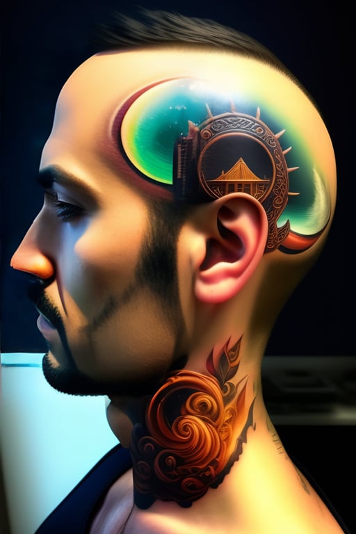 Lexica - bioluminescent tattoos on his legs and face
