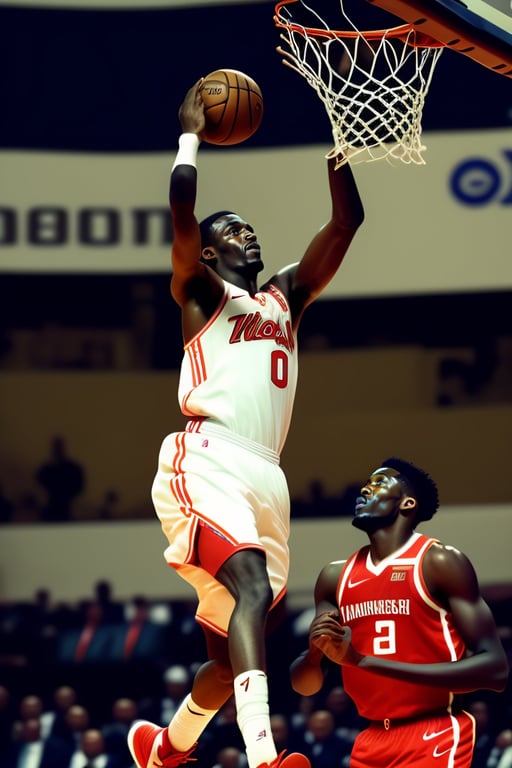 Lexica - Michael Jordan slam dunking a basketball on Lebron James during a  NBA basketball game, ultra hd, realistic