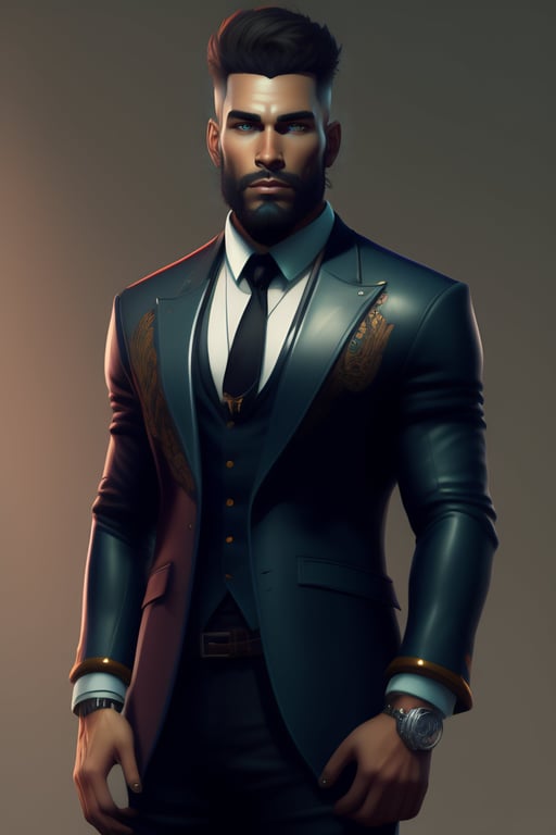 Lexica - A man with haute couture LV three piece suit, LV bag, mercedes key  chain laying on a beg character concept design, painting, detailed, vivid