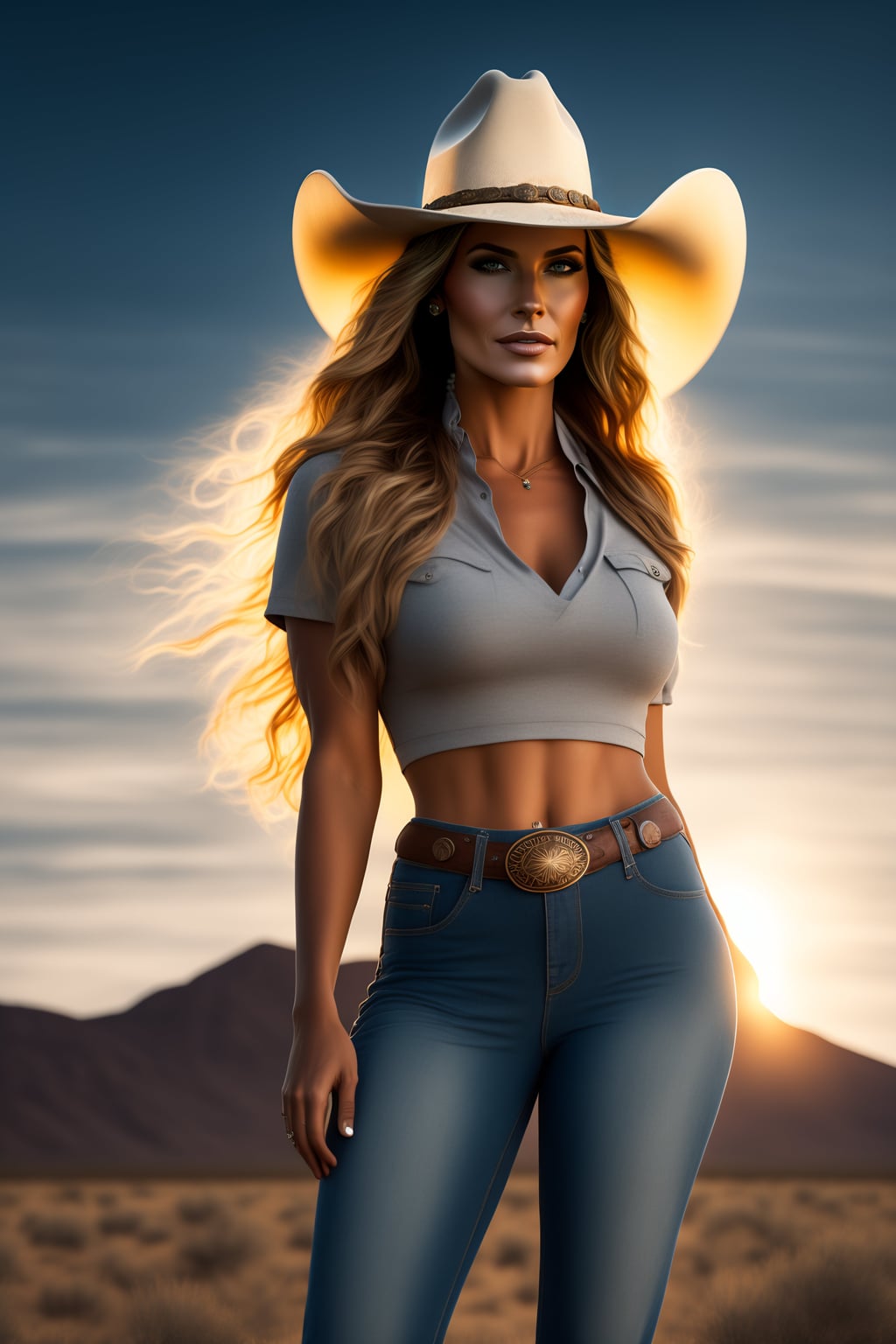 Lexica - Cowboy hat ,full body ,woman at home wearing Grey t-shirt  realistic image