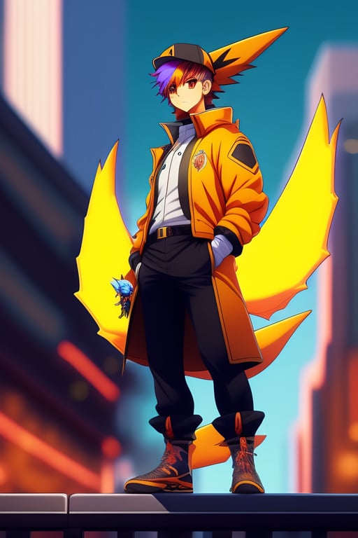 Lexica - A picture of a full body male pokemon trainer in red and white with  a flying charizard in a neo punk city, color full, highly detailed,vinta