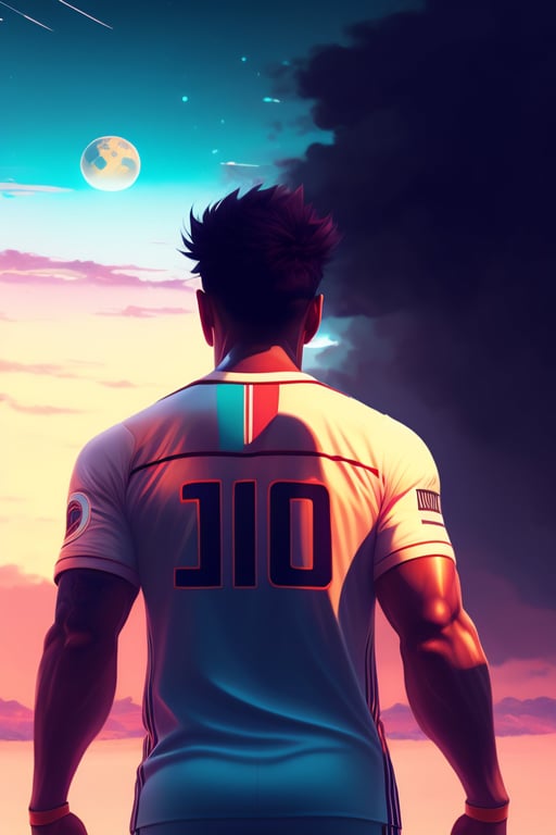 Lexica - Back of Footballer Pele wearing yellow brazil team jersey playing  on a football with one foot, backdrop of dawn, saturn in the background,  i