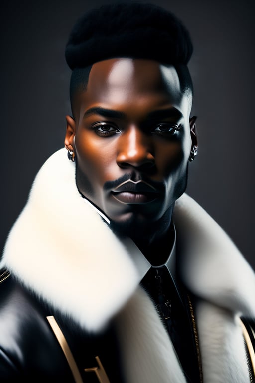 Lexica - Black man with chiseled face wearing a fur jacket, evil smile