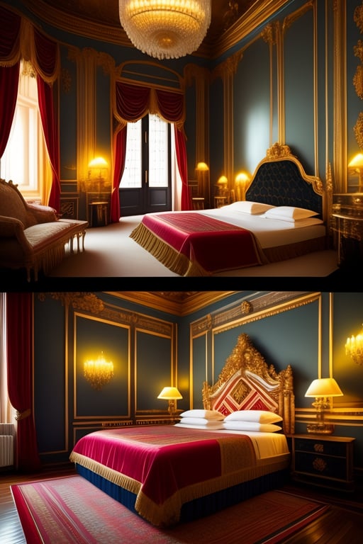 Lexica - princess bedroom with large plush bed and walls covered in layers  of fabric