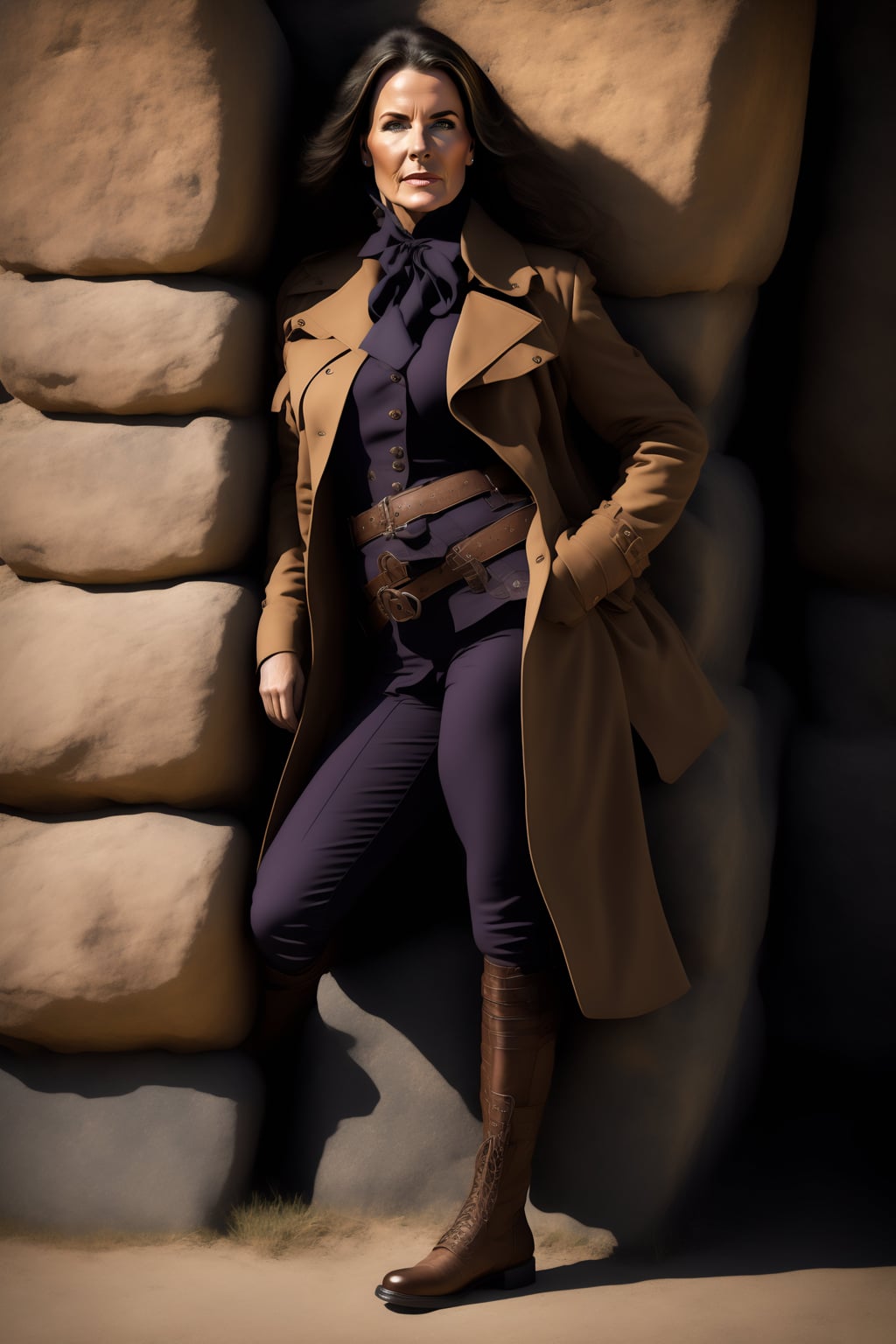 Lexica - Young blonde woman with square sunglasses wearing an open Burberry trench  coat, from the right shoulder hangs a Louis Vuitton Batignolles ha